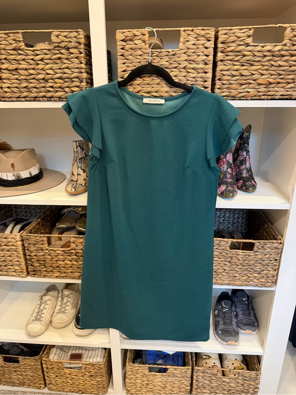 Ces Femme Teal Ruffle Sleeve Shift Dress
